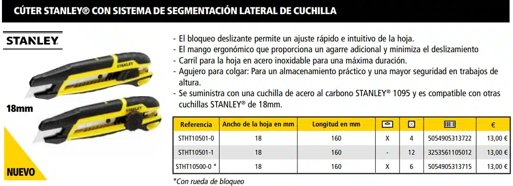 Cuter STANLEY CON SISTEMA DE SEGMENTACIÓN LATERAL DE CUCHILLA