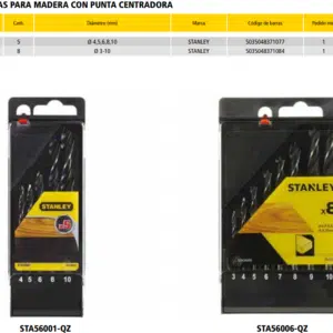 JUEGOS DE BROCAS PARA MADERA CON PUNTA CENTRADORA STANLEY (4,5,6,8 y 10mm)